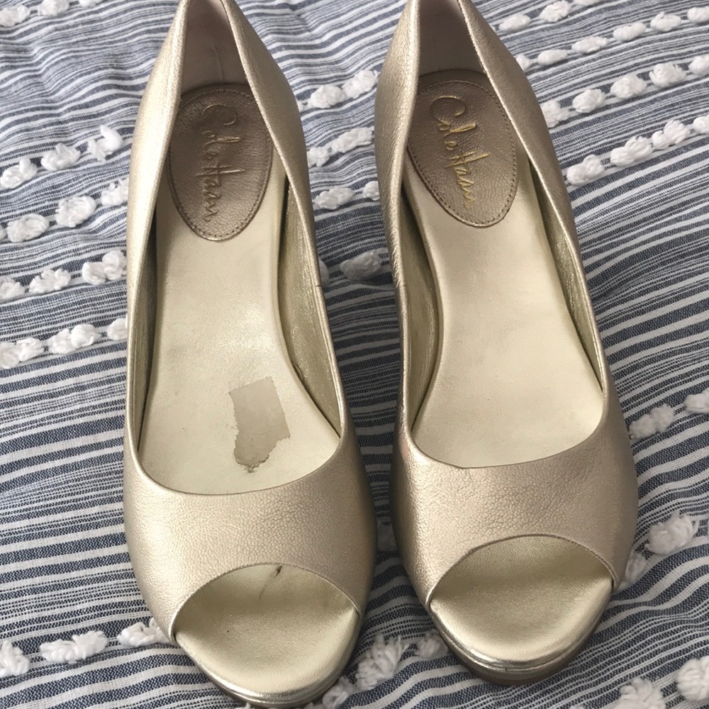 Cole Haan gold leather wedges